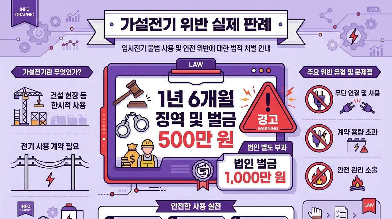 가설전기 관련 실제 처벌 판례(징역&middot;벌금)를 보여주는 경고 인포그래픽