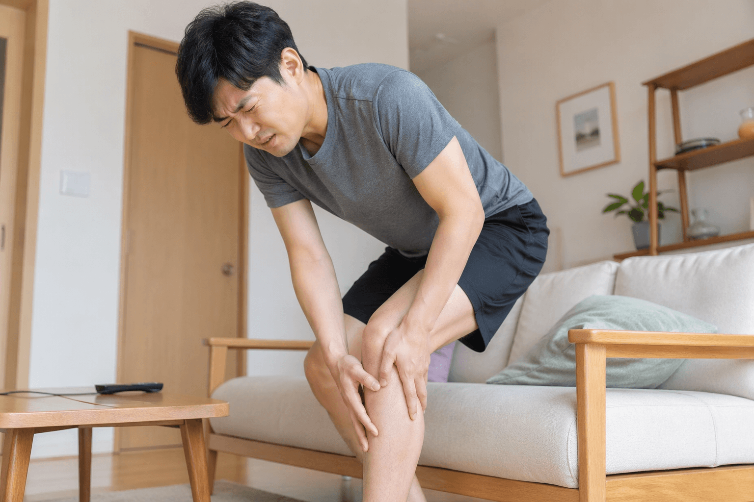 남자가 무릎을 잡고 있는 사진