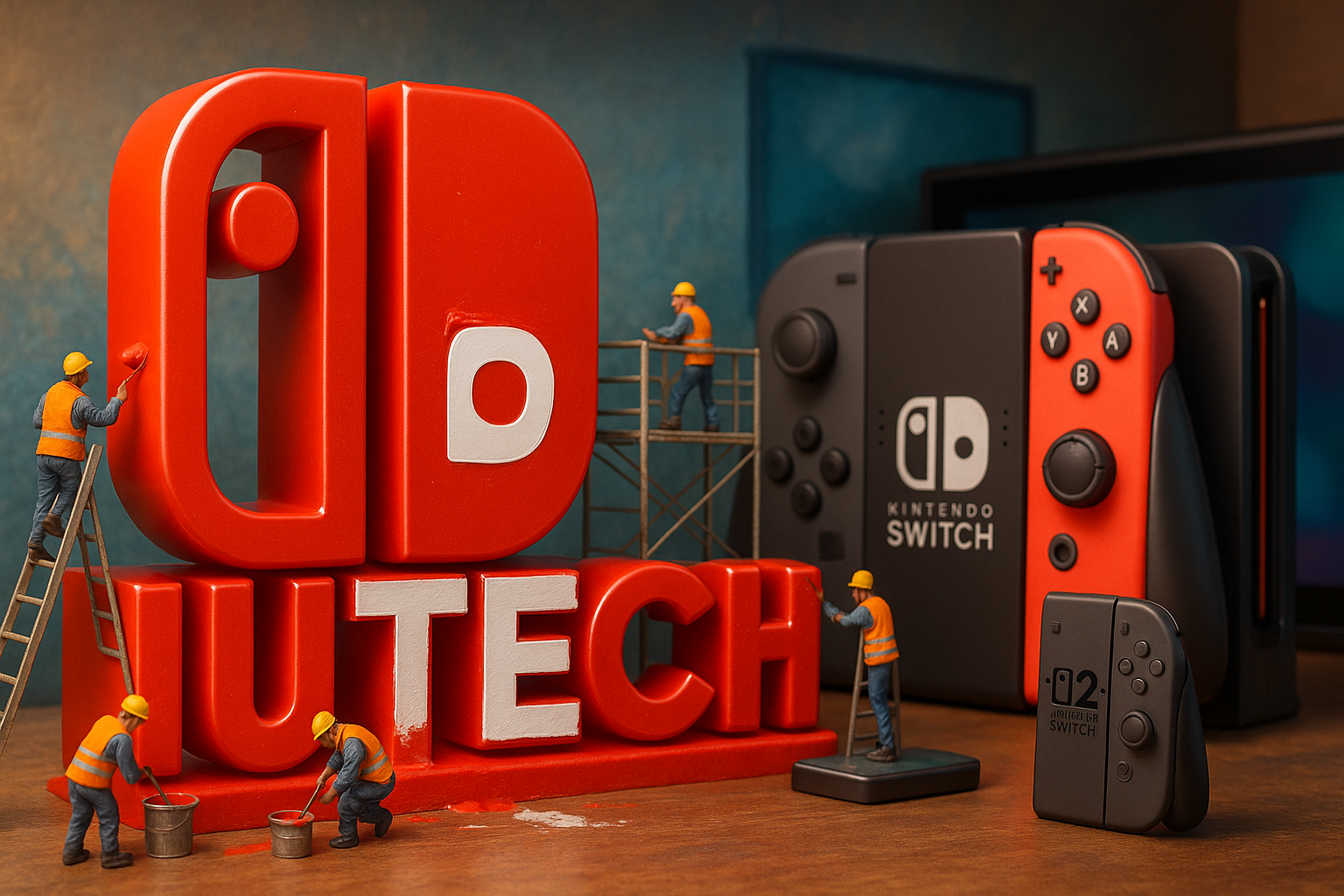 닌텐도 스위치 로고를 미니어처 인부들이 작업하는 장면