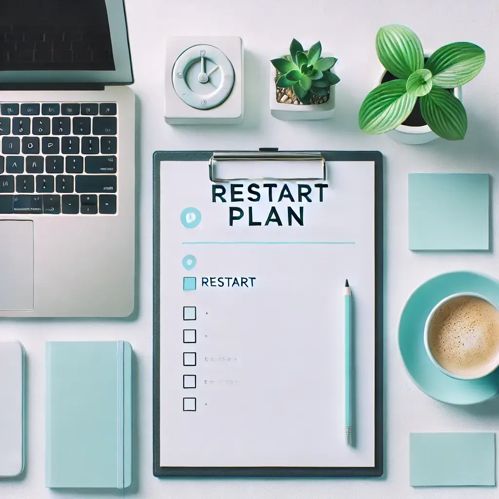 재도약을 상징하는 재창업 플래너, 노트북, 커피, 화분이 세팅된 스튜디오 컷