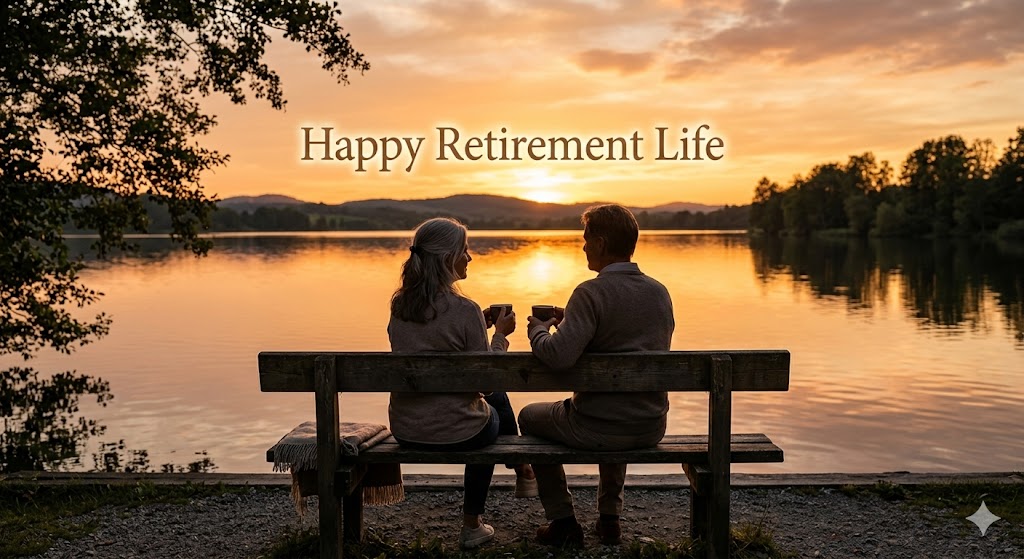 평화로운 호숫가에서 여유롭게 커피를 마시는 50대 부부의 실루엣