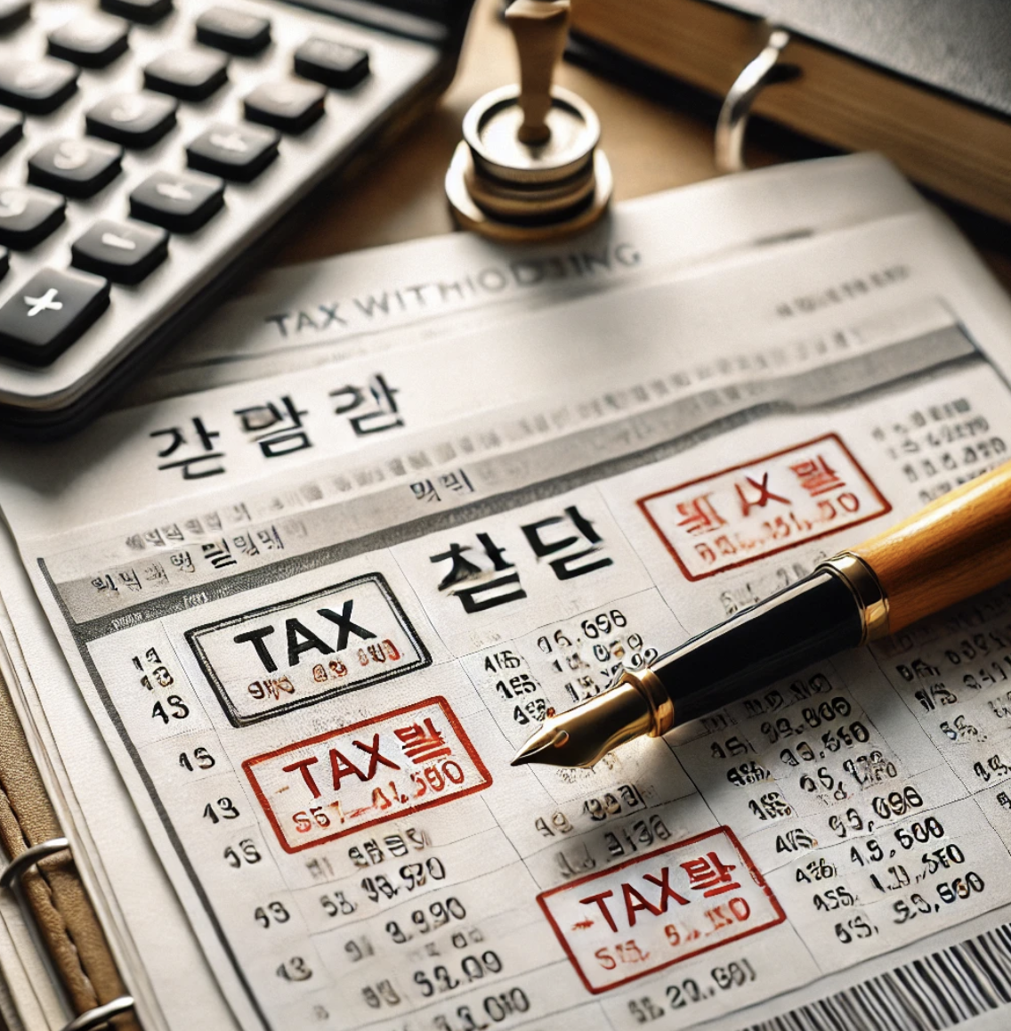 세금서류와 공식 도장이 찍힌 문서가 책상위에 놓여있는 모습