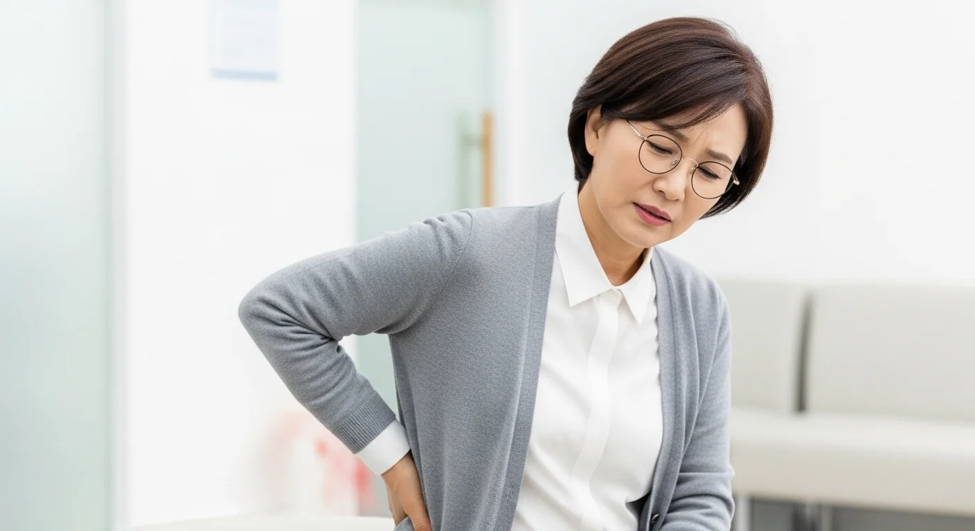 허리 통증으로 인해 척추 전문의를 찾아 상담을 기다리는 중년 한국인.
