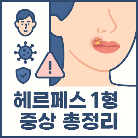 헤르페스 1형 증상 총정리 제목과 입술 물집&middot;바이러스&middot;보호 아이콘이 들어간 건강 블로그 썸네일