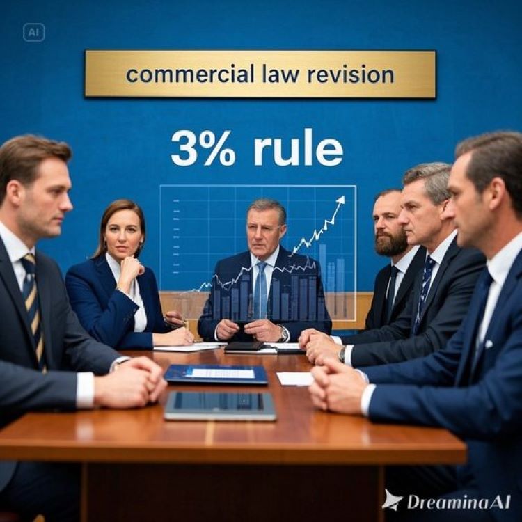 기업 회의실에서 주주총회 장면, 배경에 ‘3%룰’과 ‘상법 개정’ 텍스트, 투명한 유리판에 주가 상승 그래프. 파란색과 금색 톤으로 신뢰와 성장 강조.