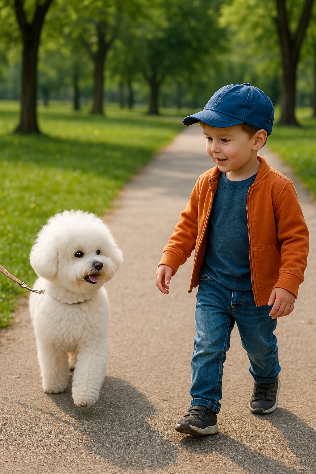공원에서 산책중인 비숑에게 어린이가 다가오는모습