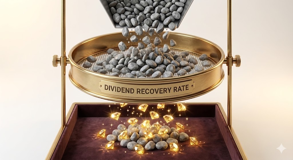 수많은 돌멩이(주식) 중에서 체를 쳐서 보석(배당락 회복 우량주) 20개만 남기는 모습