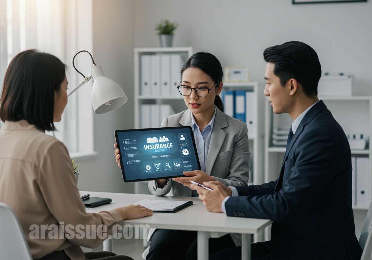 건강 보험 혜택을 설명하는 외국인 보험 상담사와 환자가 현대적인 사무실에서 상담하는 모습. 디지털 태블릿에 건강 보험 혜택이 표시되어 있다.