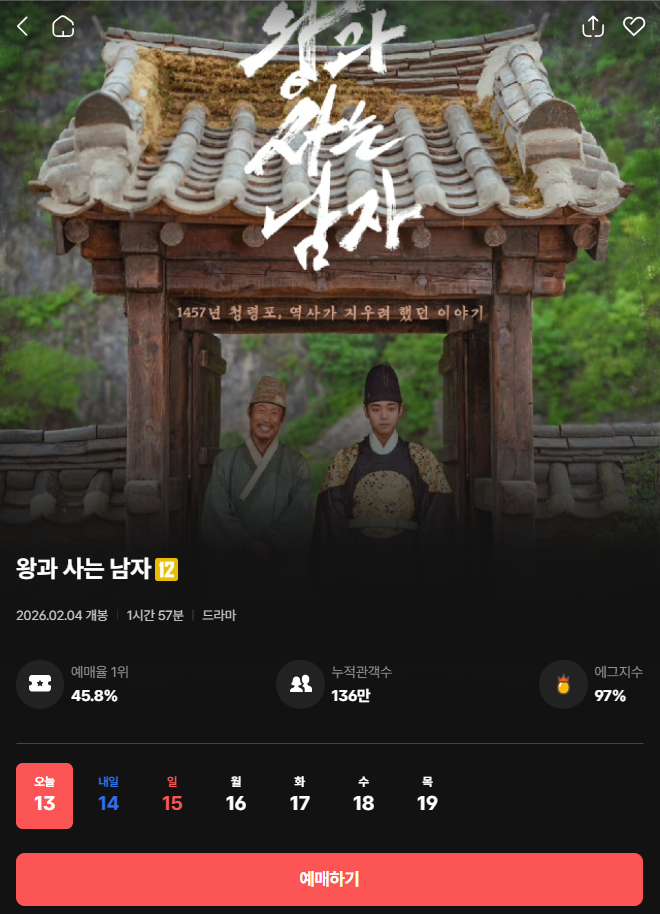 왕과사는남자 상영관 예매하기 관객수