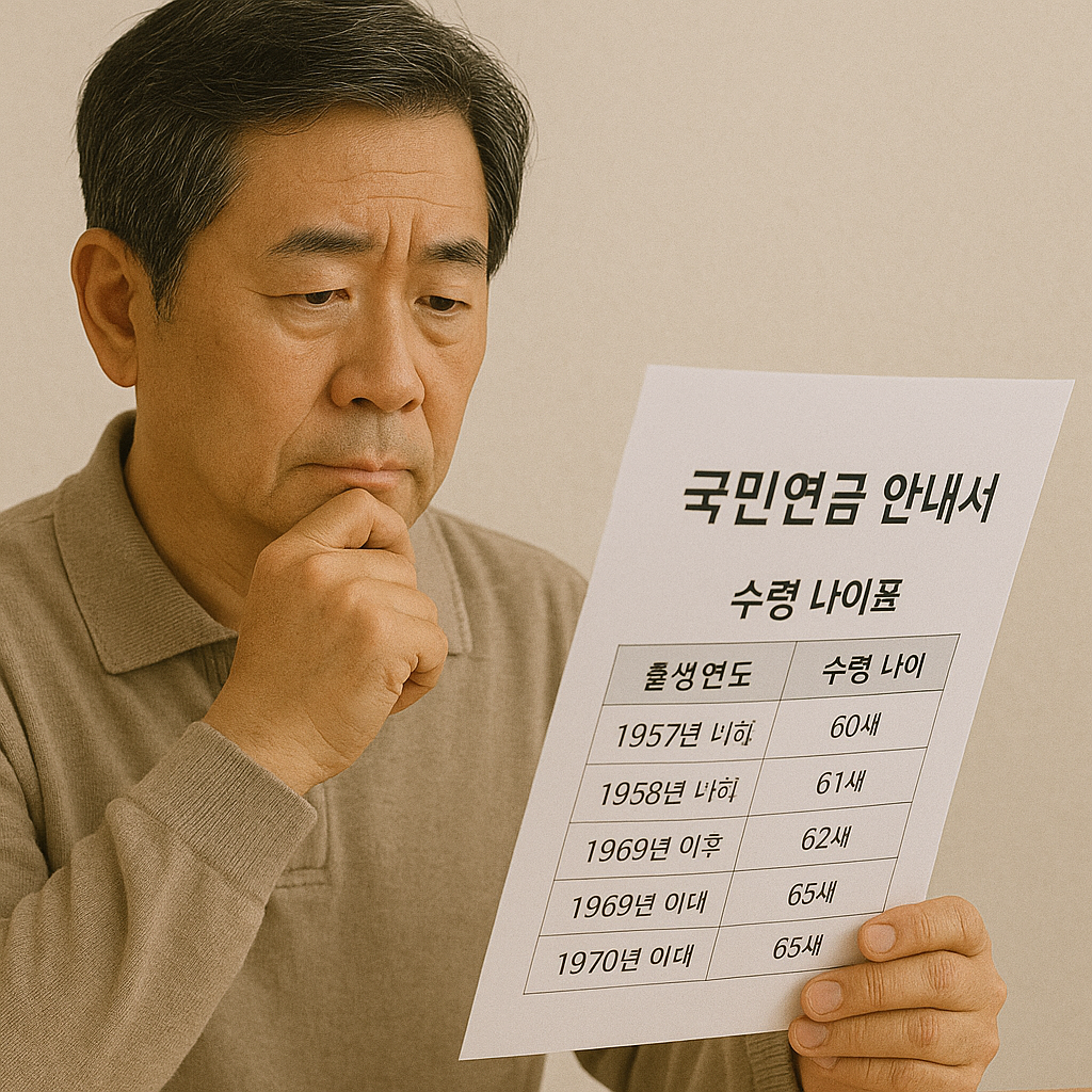 국민연금 안내서를 들고 수령 나이를 확인 중인 중년 남성