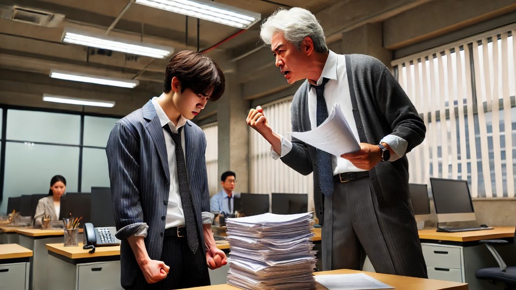 회사에서 상사에게 혼나고 있는 직원 사진