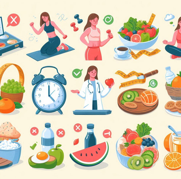 건강한 생활 습관을 보여주는 일러스트레이션: 운동, 바른 자세, 스트레스 관리, 수면, 건강식 이미지