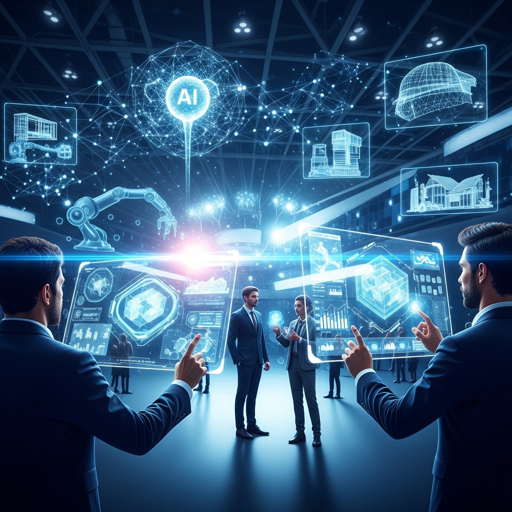 코엑스 AI 디지털 전환 캠페인 현장에서 사람들이 AI와 3D 기술이 융합된 홀로그램 디스플레이와 상호작용하는 모습. 미래 지향적인 파란색과 회색 톤으로 혁신적인 기술의 진화를 보여줍니다.