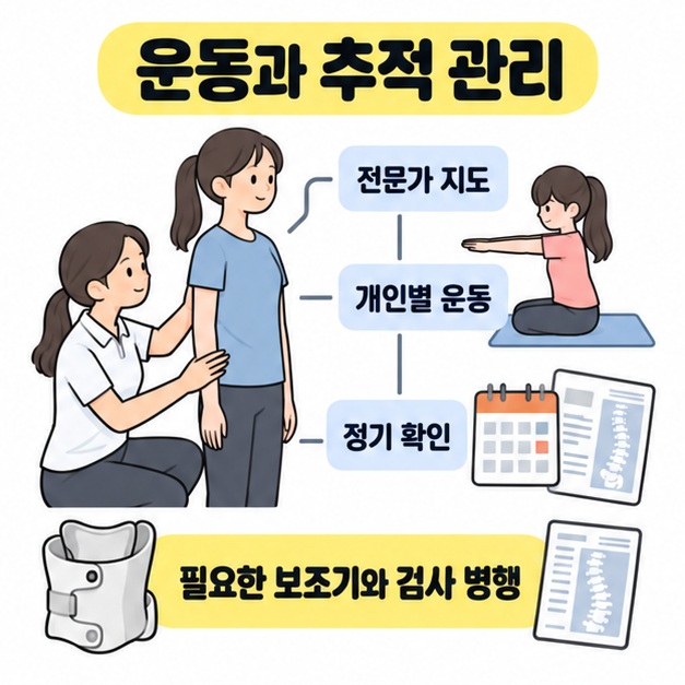 전문가가 환자의 자세를 지도하는 모습과 운동 장면, 달력, 검사 자료, 보조기를 함께 배치해 개인별 운동과 정기 확인의 병행을 안내한 그림
