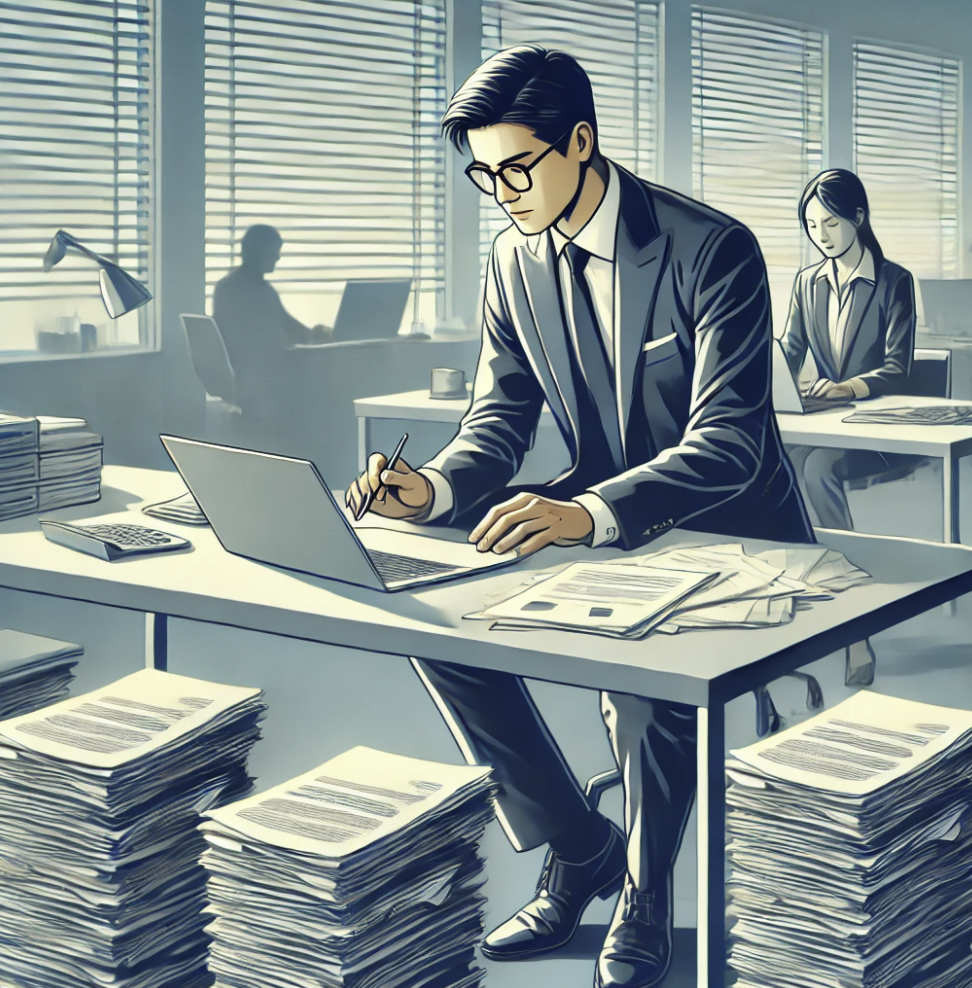 사무실에서 재정 문서를 검토하는 감사인의 모습