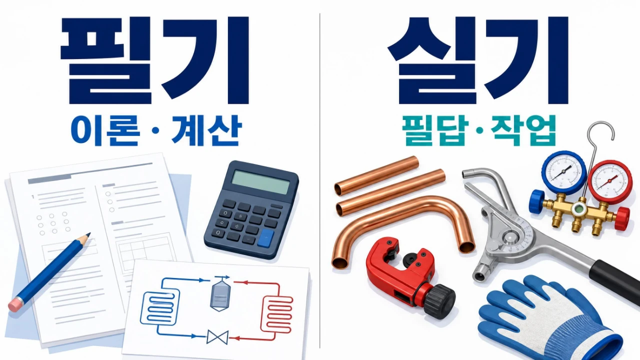 공조냉동기계기능사 필기 이론 계산과 실기 필답 작업을 비교한 이미지