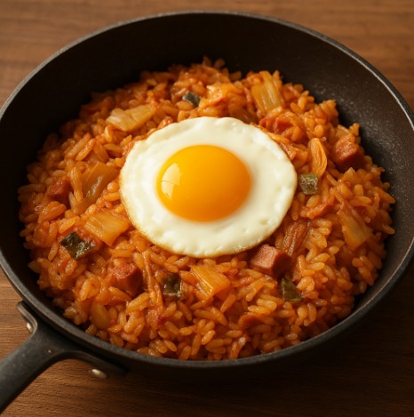 프라이팬으로 요리한 김치볶음밥