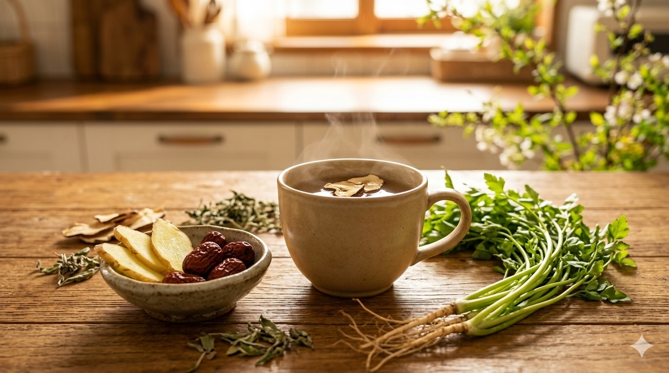 비염 증상 완화에 좋은 따뜻한 작두콩차, 항염 효과가 뛰어난 생강, 대추, 미나리가 놓인 건강 식단 이미지