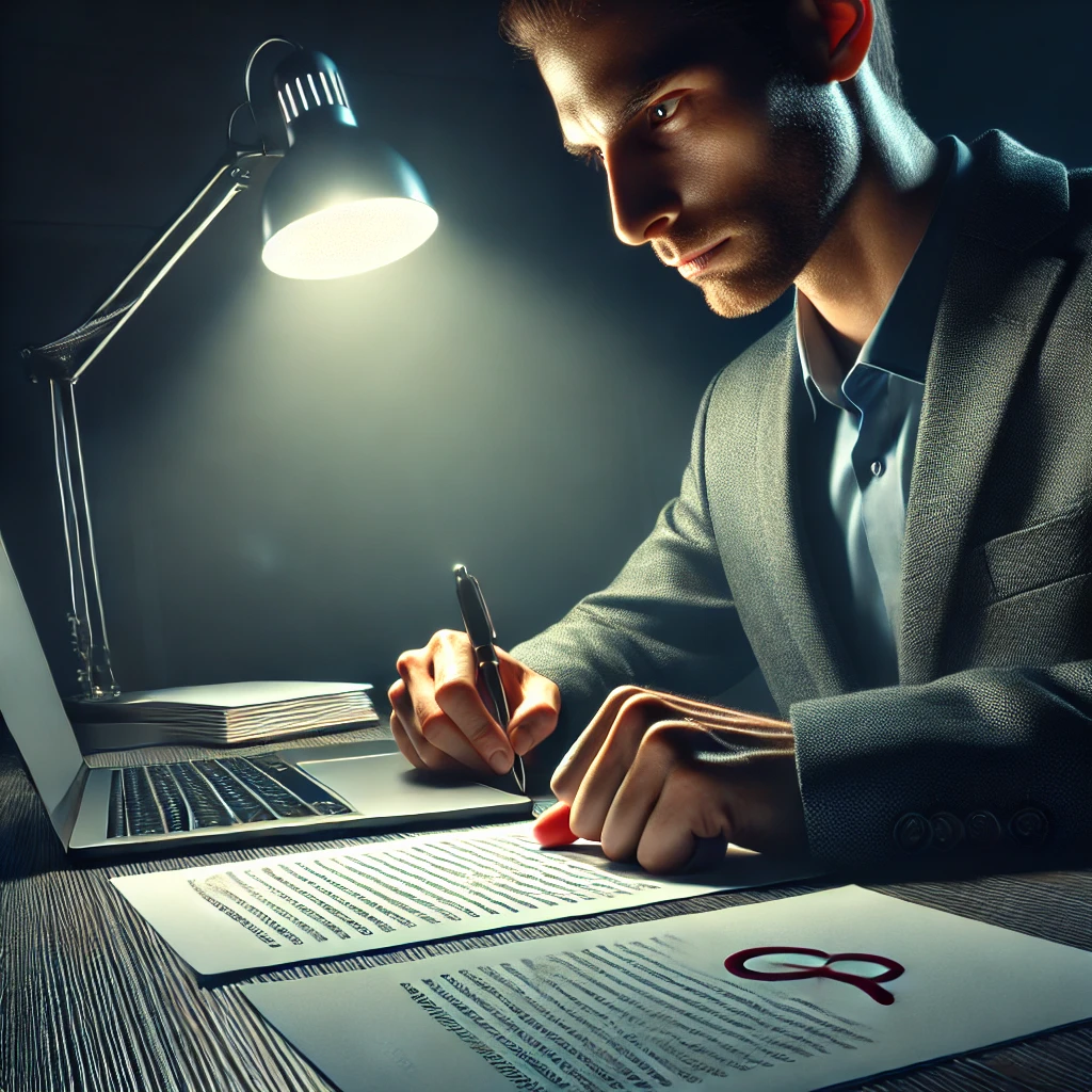 늦은 밤 책상에서 약속을 지키기 위해 노력하는 사람