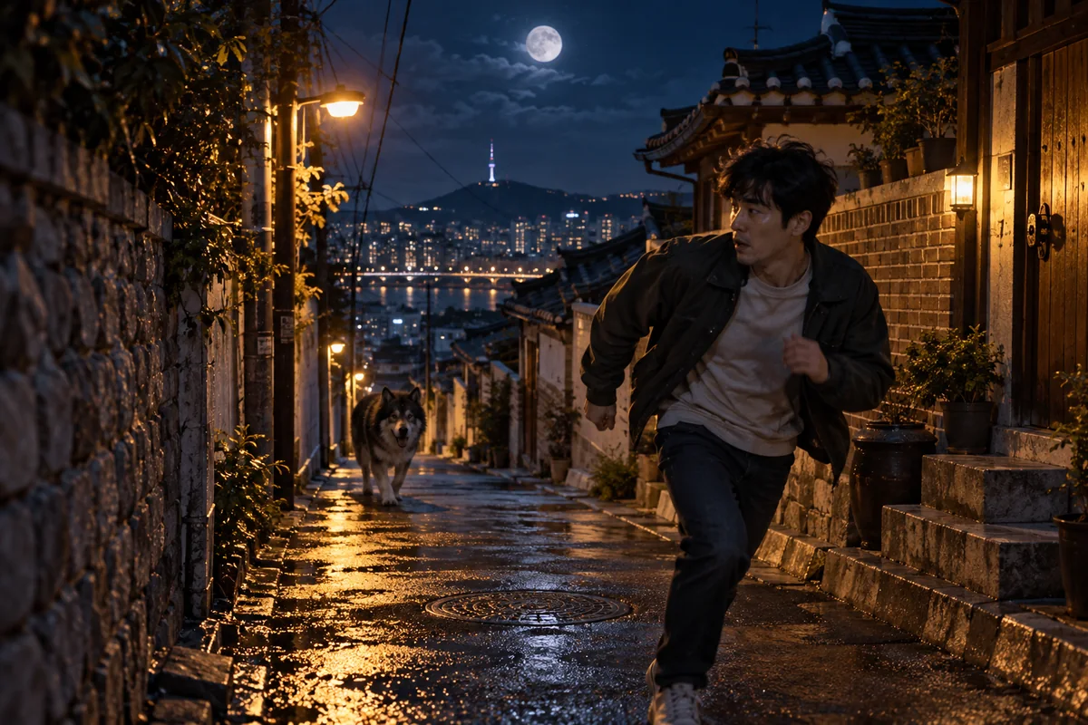 달빛 아래 골목에서 개에게 쫓겨 달리는 꿈 장면