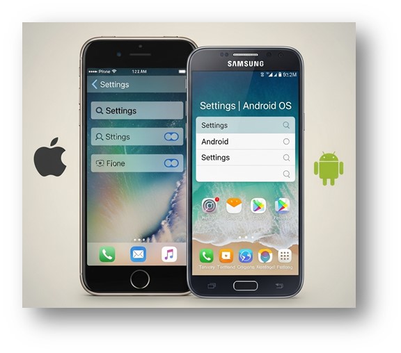 아이폰은 왼쪽, 안드로이드 폰은 오른쪽에 두고서 설정앱의 모습을 비교해서 보여주는 이미지