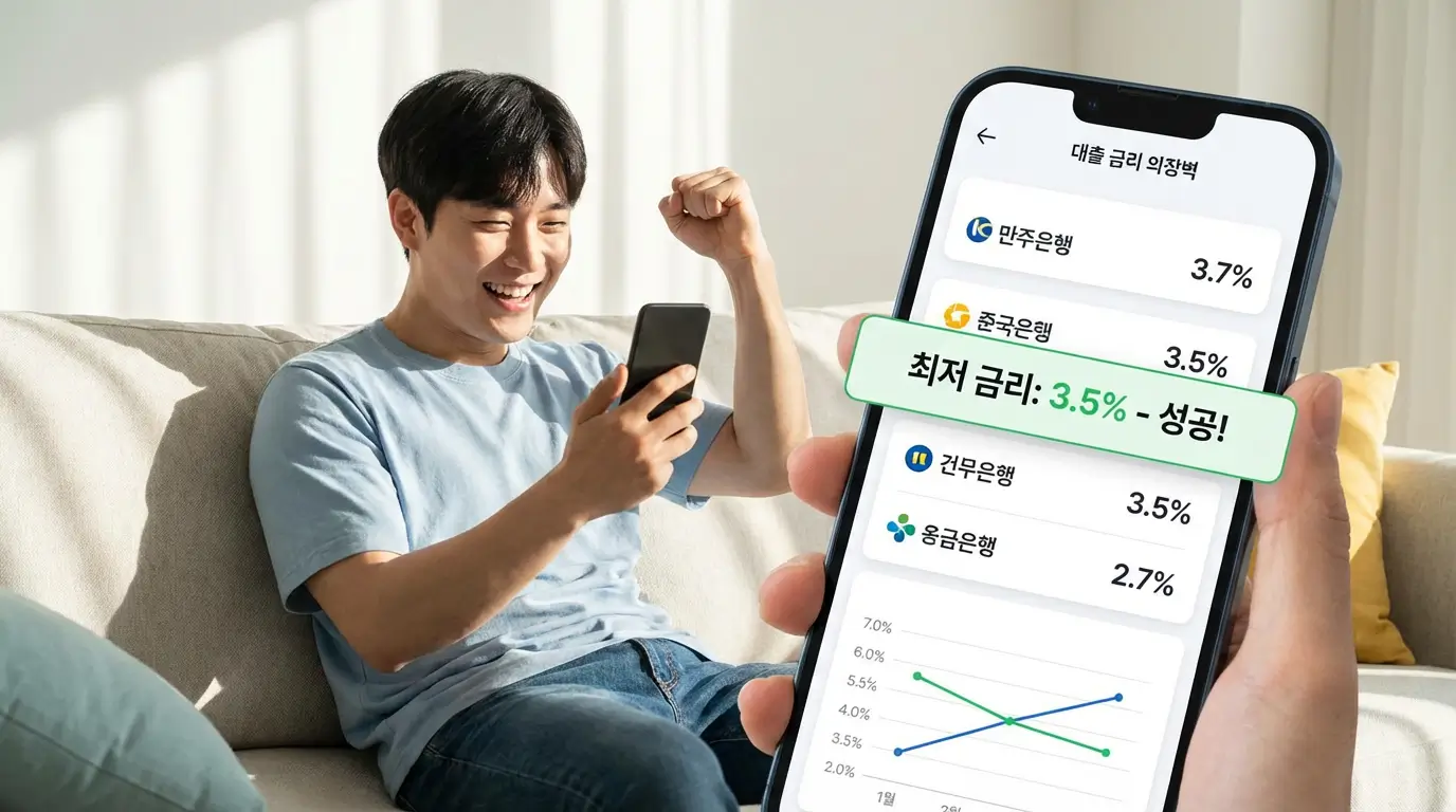 스마트폰으로 여러 대출 상품의 금리를 비교하고 가장 낮은 금리의 상품을 선택하여 성공하는 모습