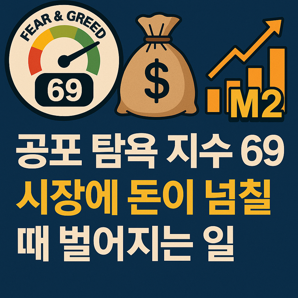 공포 탐욕 지수 69를 나타내는 게이지, 돈자루, M2 그래프 아이콘이 함께 그려져 있으며 &quot;공포 탐욕 지수 69, 시장에 돈이 넘칠 때 벌어지는 일&quot;이라는 문구가 강조된 금융 관련 썸네일 이미지.