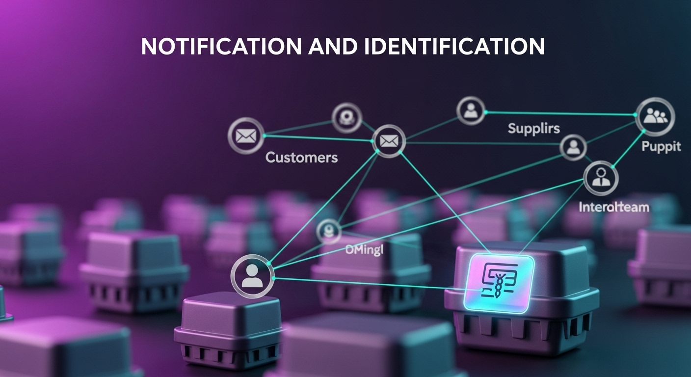 특별 채용된 제품이 식별 표시와 함께 고객 및 협력사에 통지되는 과정을 나타내는 추상적인 이미지.