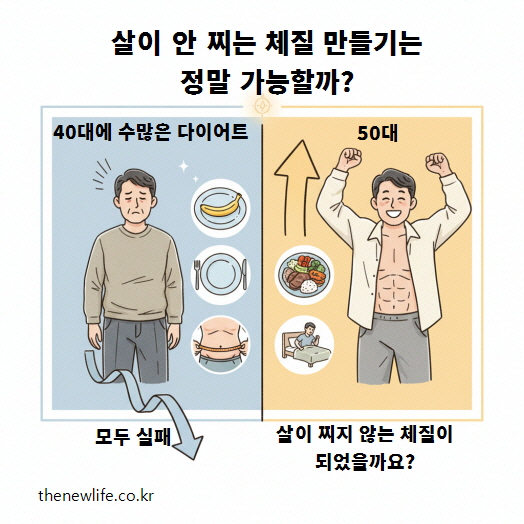 40대 다이어트 실패와 50대 살 안 찌는 체질 변화를 대비해 보여주는 이미지