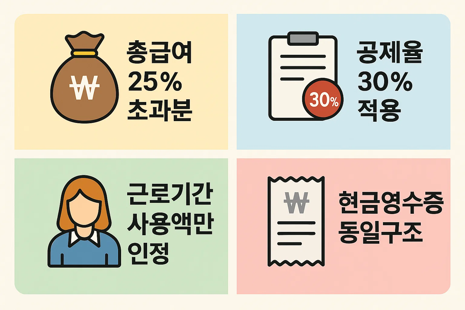 총급여 25% 초과분부터 적용되는 공제율 30%, 근로기간 사용액 인정 및 현금영수증 동일구조 등 체크카드 공제의 기본 원리를 설명한 인포그래픽입니다.