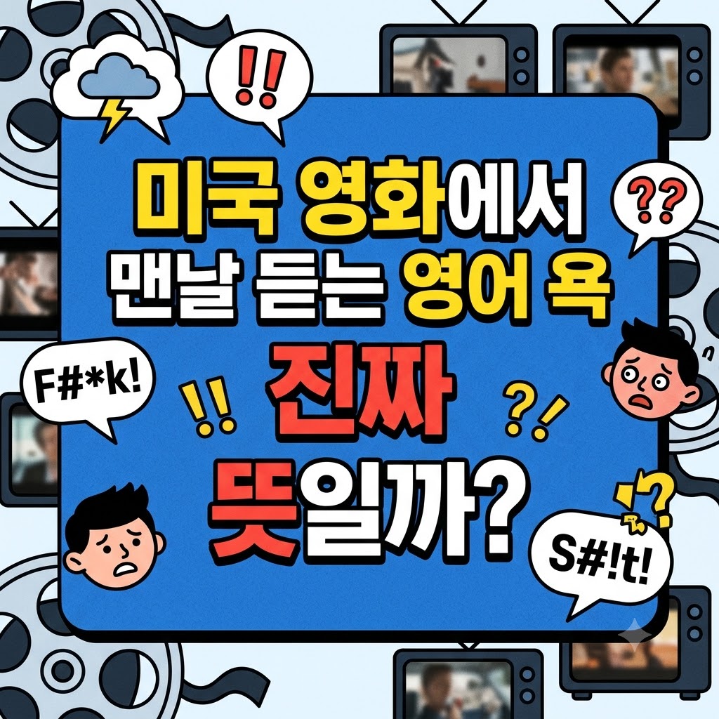 파란색 중앙 박스에 '미국 영화에서 맨날 듣는 영어 욕 진짜 뜻일까?'라는 문구가 크게 적혀 있고, 주변에 영화 필름, TV 화면, 'F#k!', 'S#!t!' 말풍선 및 당황하는 인물 캐릭터 아이콘이 배치된 블로그 썸네일 이미지