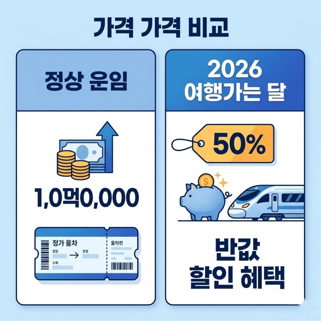 코레일 기차여행 정상 운임과 2026 여행가는 달 50% 할인 혜택 비교 인포그래픽