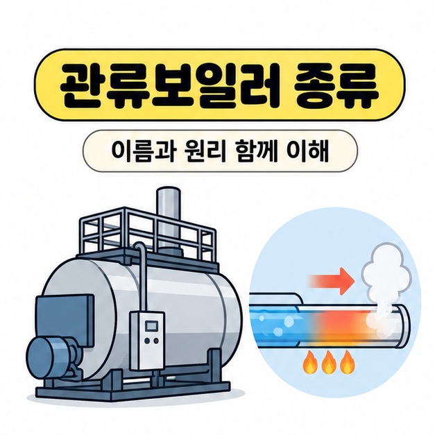 관류보일러 종류 제목과 이름과 원리 함께 이해 문구 아래 보일러 외관 삽화와 관 속 물이 가열되어 증기로 바뀌는 개념 그림