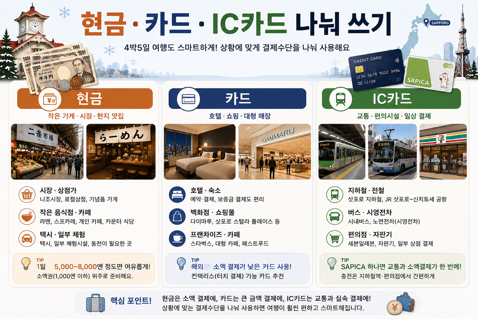 일본 4박5일 여행경비를 엔화 현금 카드 IC카드로 나누는 이미지