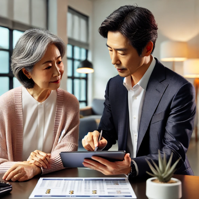 금융상담사와 상담하는 노인