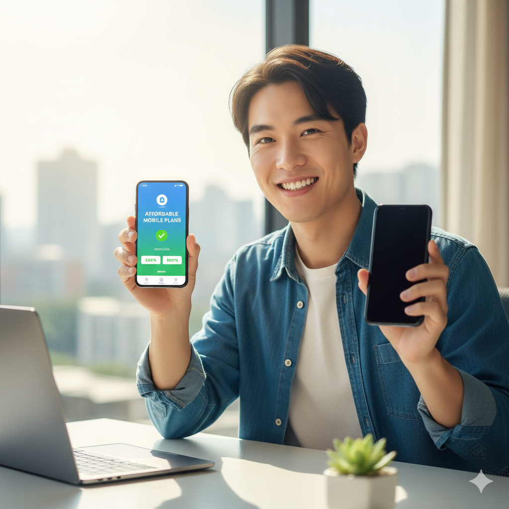최신 스마트폰으로 저렴한 알뜰폰 요금제를 검색하며 미소 짓고 있는 사회초년생의 모습