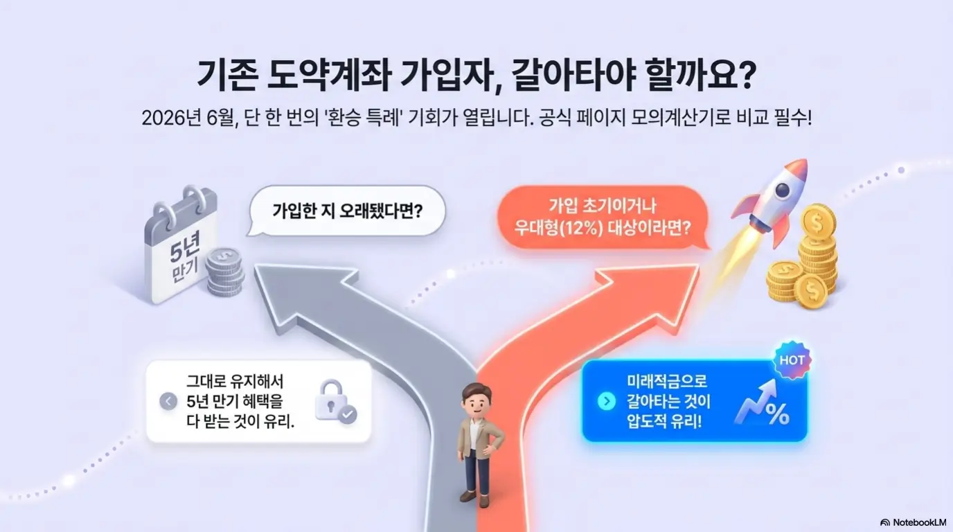 청년미래적금 가입조건: 청년도약계좌 가입자가 청년미래적금으로 갈아탈지 판단 기준을 갈림길로 보여주는 이미지. 2026년 6월 단 한 번 열리는 환승 특례로 가입한 지 오래됐다면 도약계좌 5년 만기 유지가 유리하고 가입 초기이거나 우대형 12% 대상이면 미래적금으로 갈아타는 것이 유리함을 비교한다.