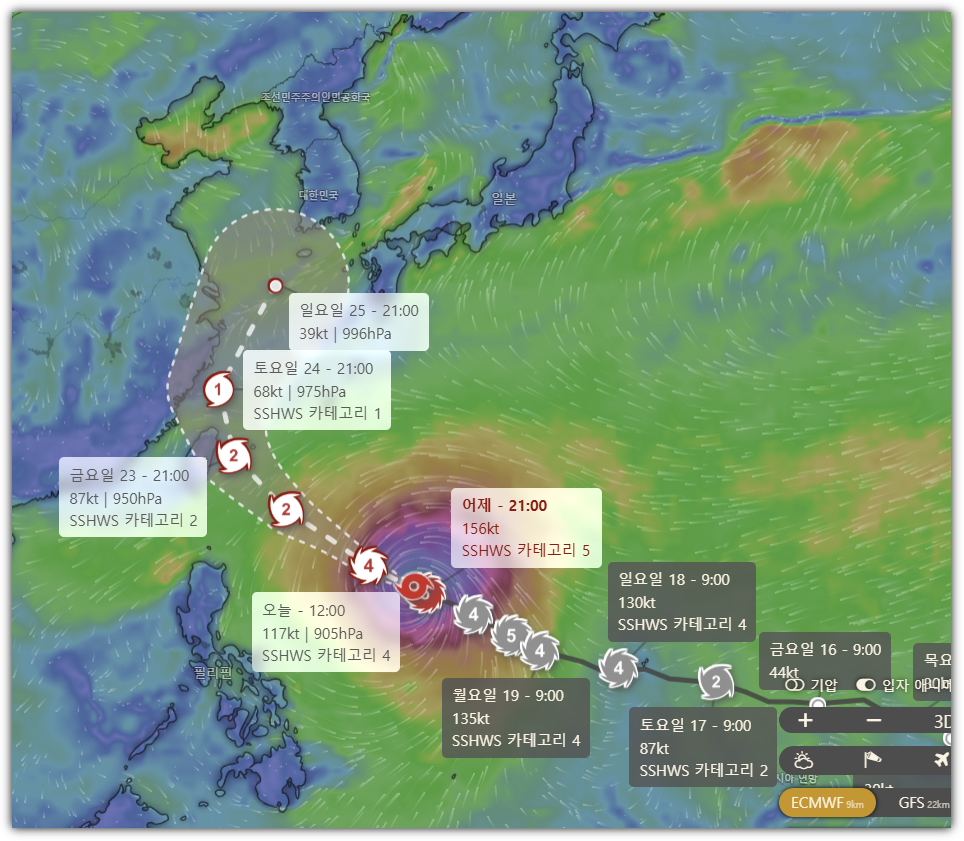 30호 태풍 참피 예상 경로, ECMWF 모델(윈디)