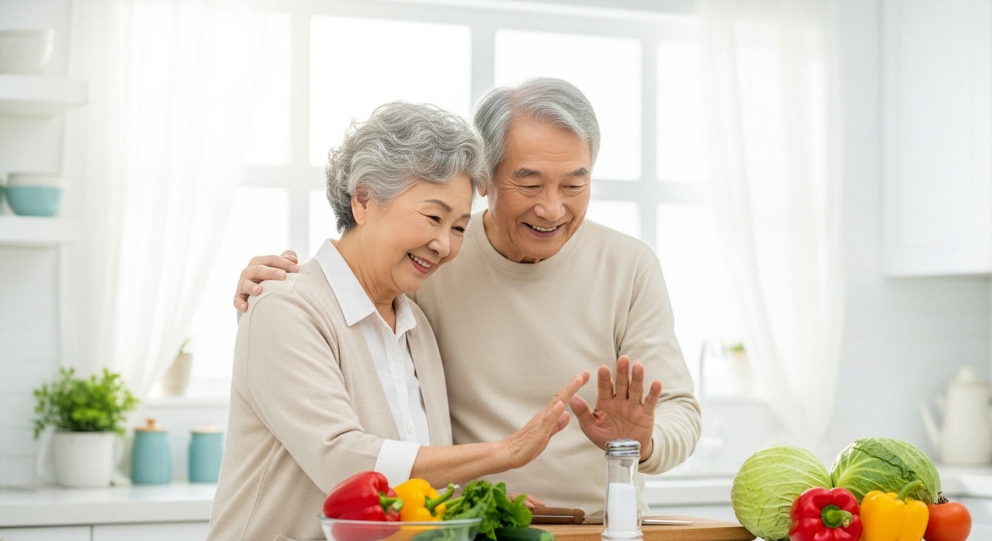 부엌에서 소금 대신 신선한 채소를 보며 미소 짓는 노부부