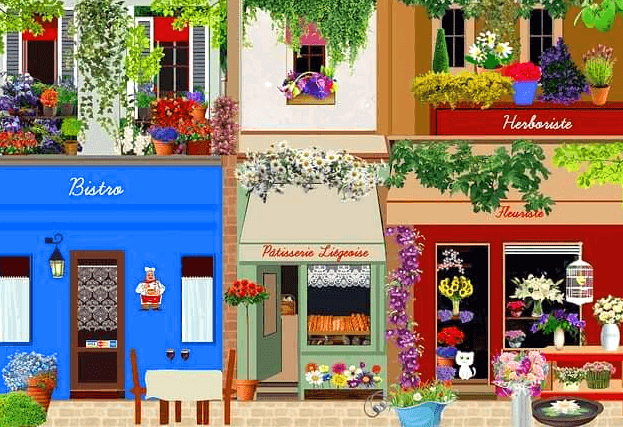 예쁜 가게들이 있는 건물로 야외에는 식탁과 의자가 있는 파란 레스토랑이 있고, 2층에는 아름다운 각종 색상의 봄꽃들이 가득하다.