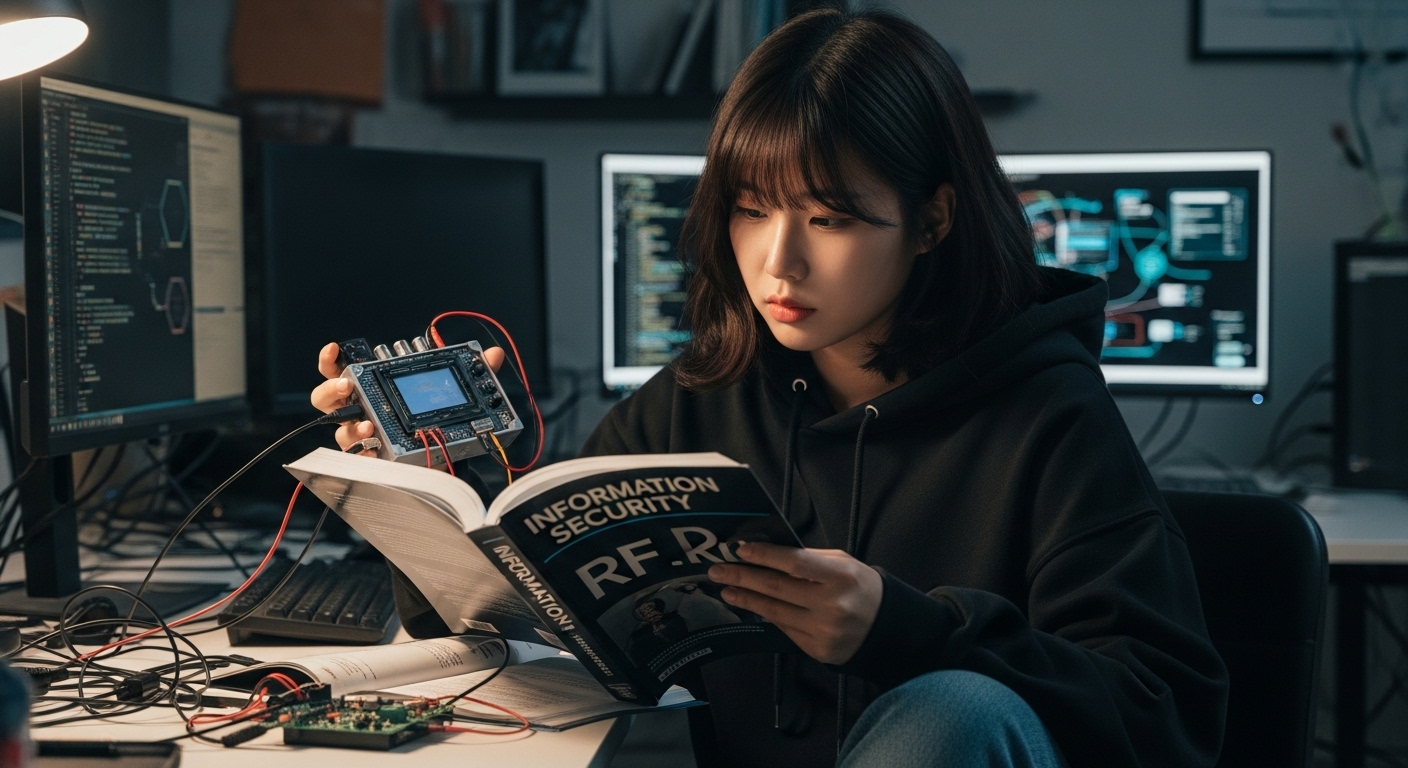 디지털 신호와 아날로그 신호의 차이를 공부하고 있는 한국 여성의 모습