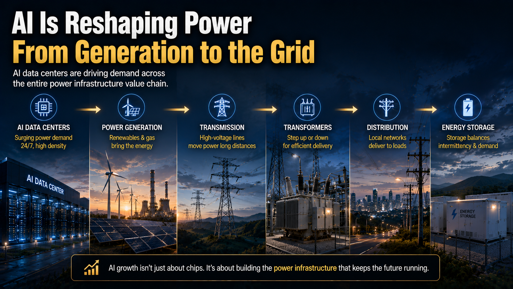 AI data center power demand driving investment in generation, transmission grids, transformers, distribution, and energy storage