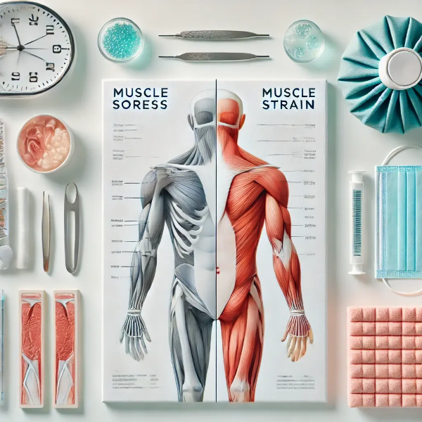 근육통과 근육 손상의 차이를 보여주는 해부학적 모형과 치료 도구 세팅