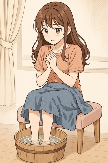 족욕하며 손을 모아 몸을 따뜻하게 데우는 여성 모습(출처: 자체제작)