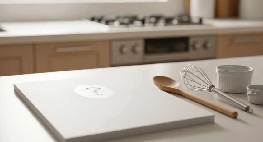 깔끔한 주방 배경에 물음표 아이콘이 있는 노트 또는 카드 이미지