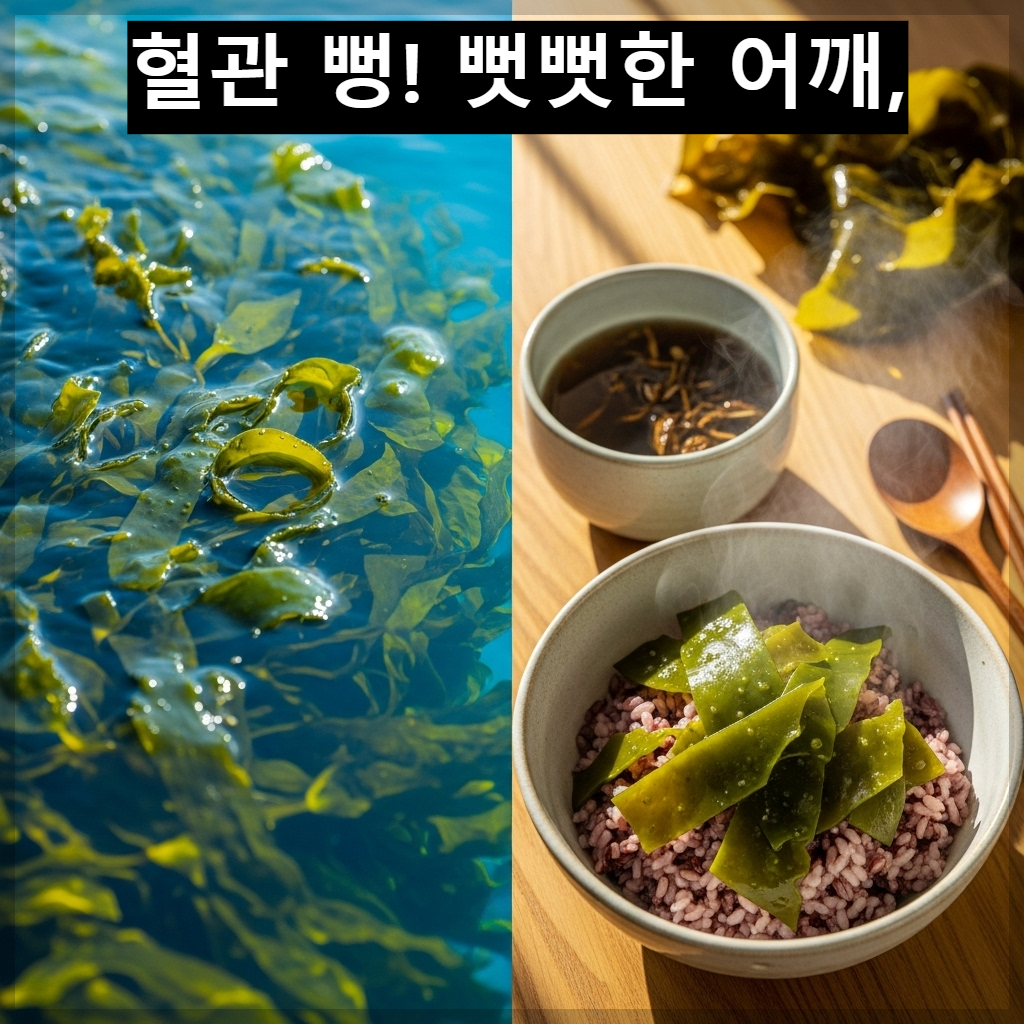 한국의 청정 바다 연안에서 채취한 싱싱한 초록색 다시마 군락의 모습과 한국 전통 주방 소반 위에 차려진 따뜻한 다시마 채 밥과 맑은 육수