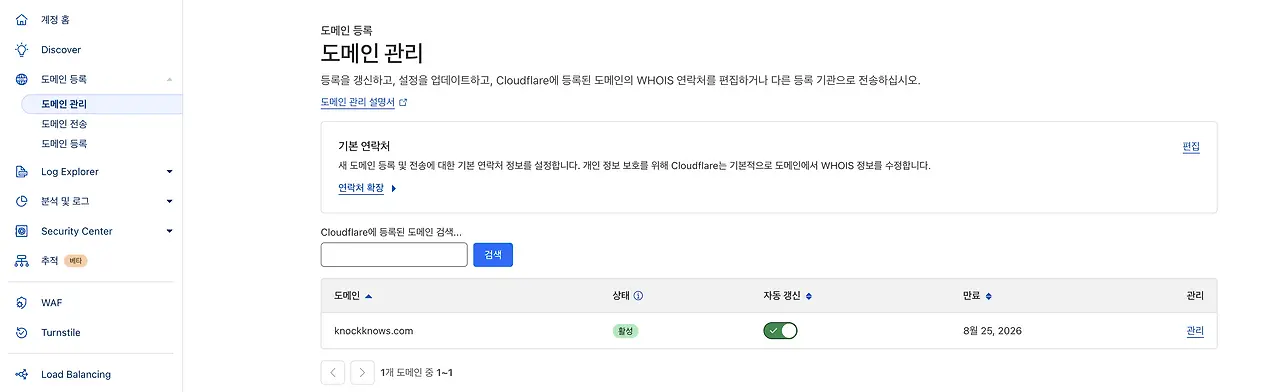 클라우드플레어 구매한 도메인 확인