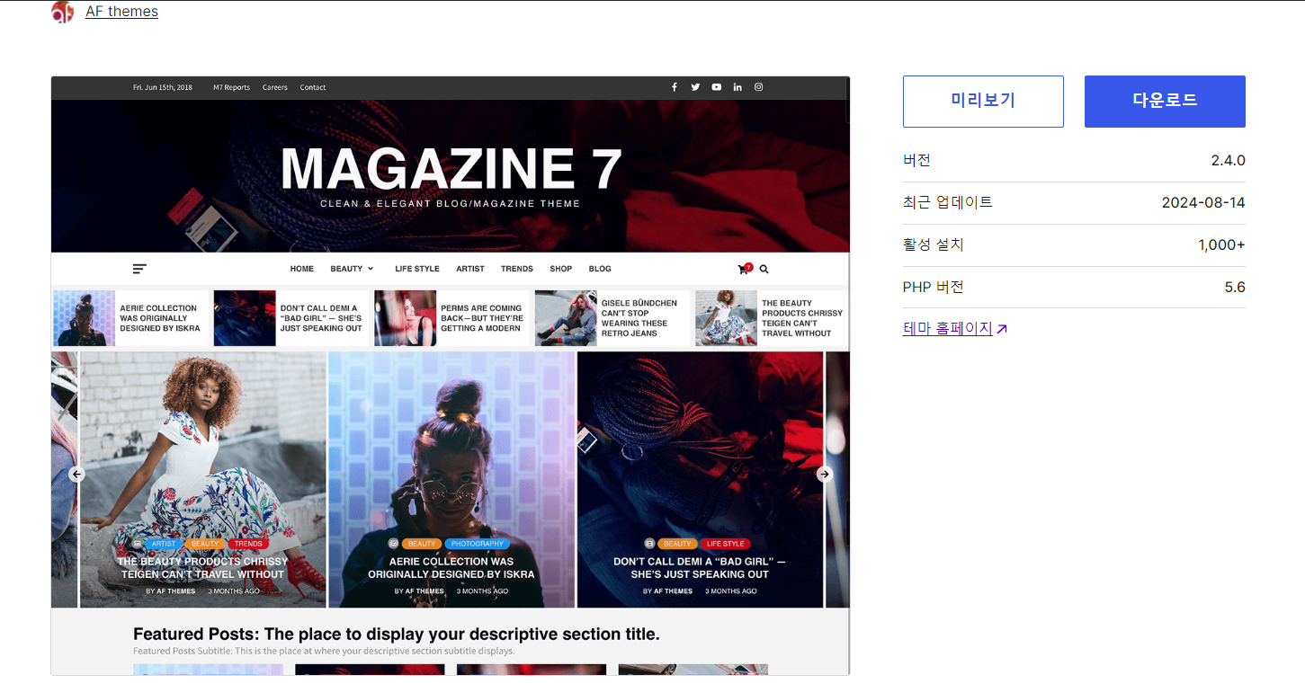 워드프레스 Magazine 7 테마 데모 설치 작업