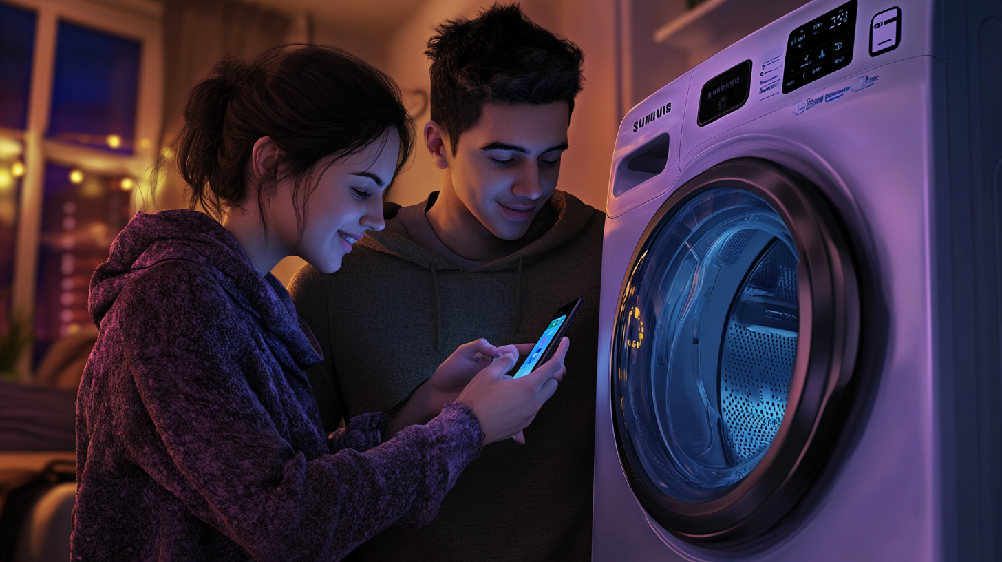 스마트싱스 앱을 이용해 원격으로 삼성 세탁기를 제어하는 모습을 보여주는 신혼부부, 도시적이고 아늑한 실내 조명 아래에서의 장면.