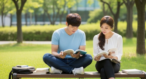 캠퍼스 벤치에서 책을 보는 두 학생